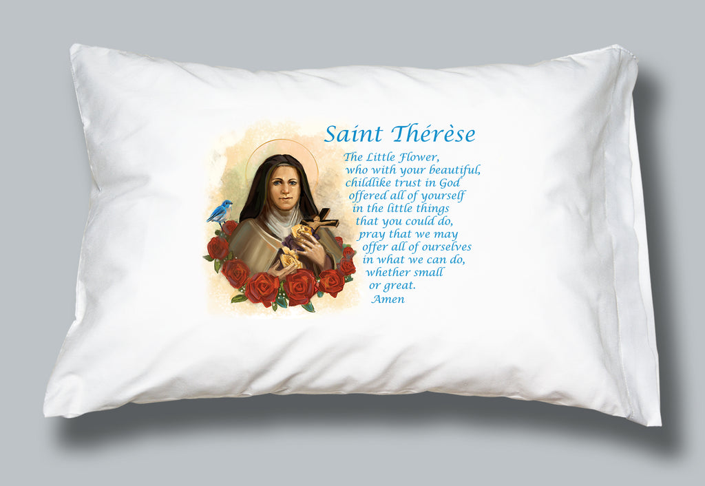 White pillowcase with image and prayer of St Therese of Lisiuex