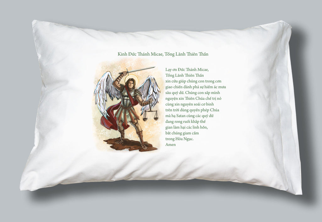 White pillowcase with picture of St. Michael and prayer in Vietnamese.