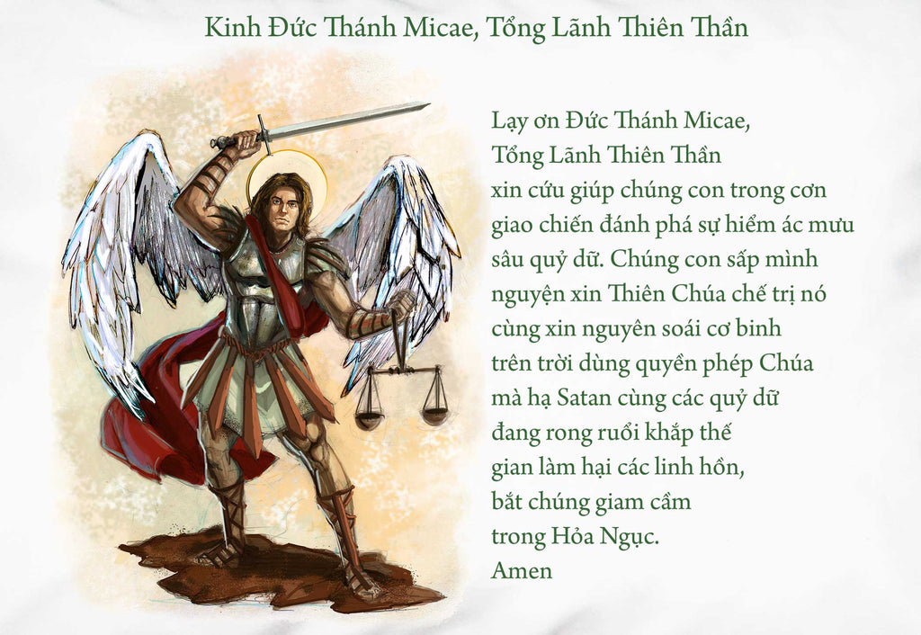 Detail of white pillowcase with picture of St. Michael and prayer in Vietnamese.