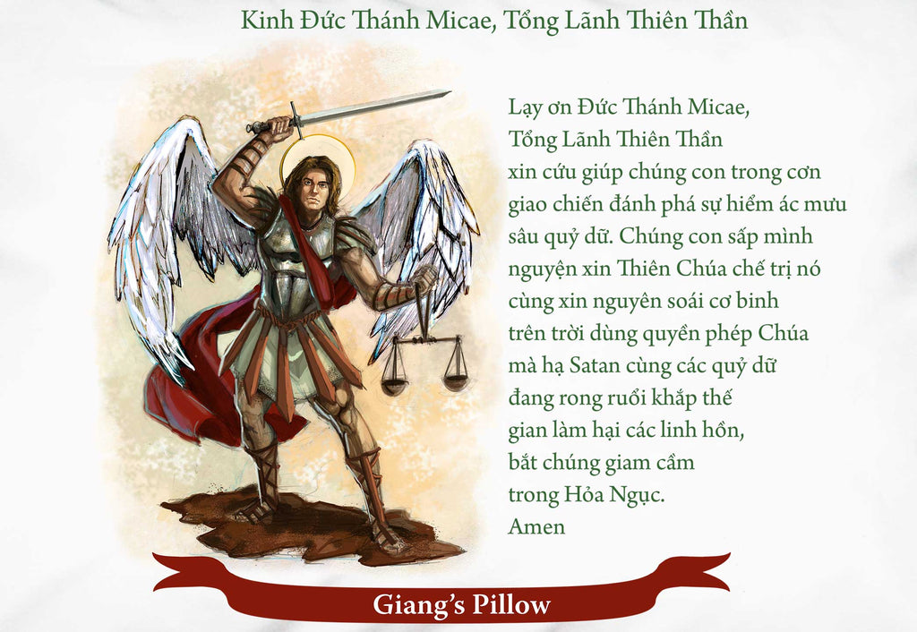 Detail of white pillowcase with personalized banner and a picture of St. Michael and prayer in Vietnamese.