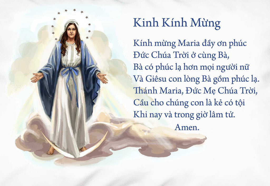 Detail of white pillowcase printed with the Catholic Hail Mary prayer in Vietnamese and an image of Our Lady of Grace.