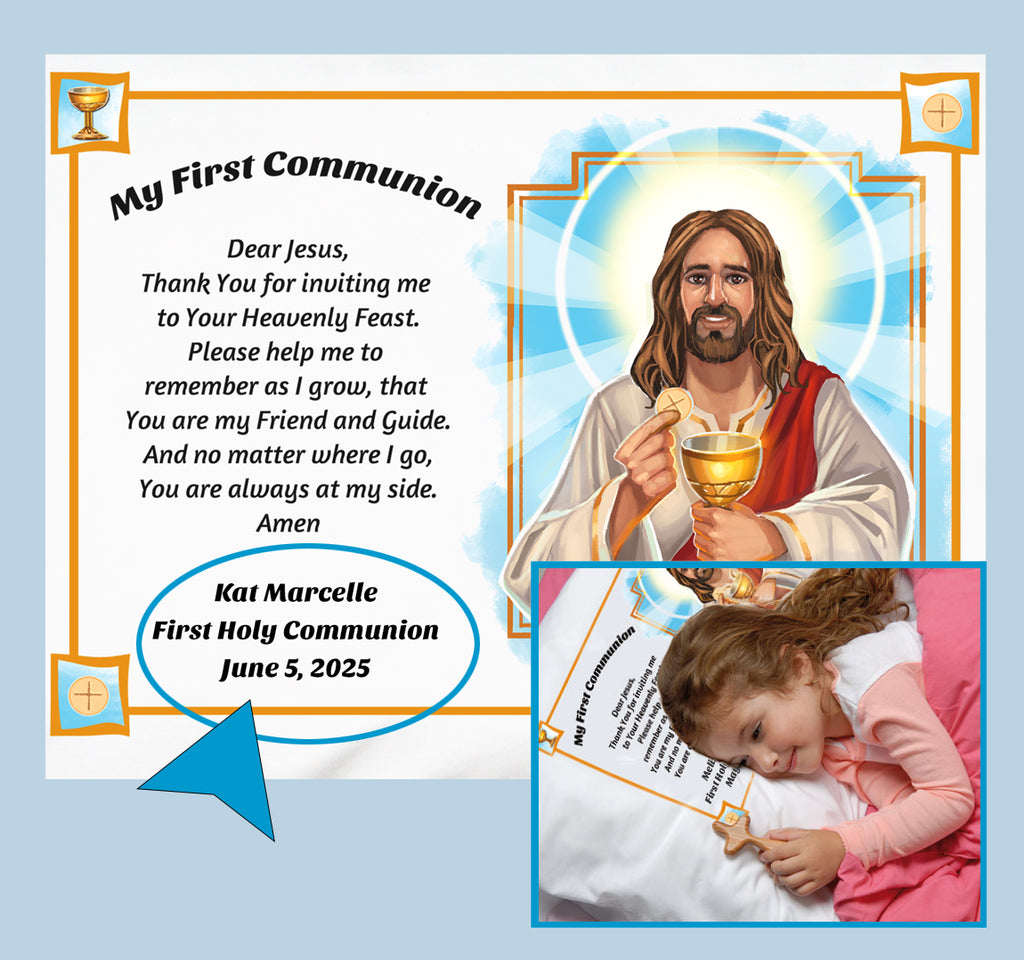 First Communion prayer and picture on pillowcase with child's name for Sacramental gift.